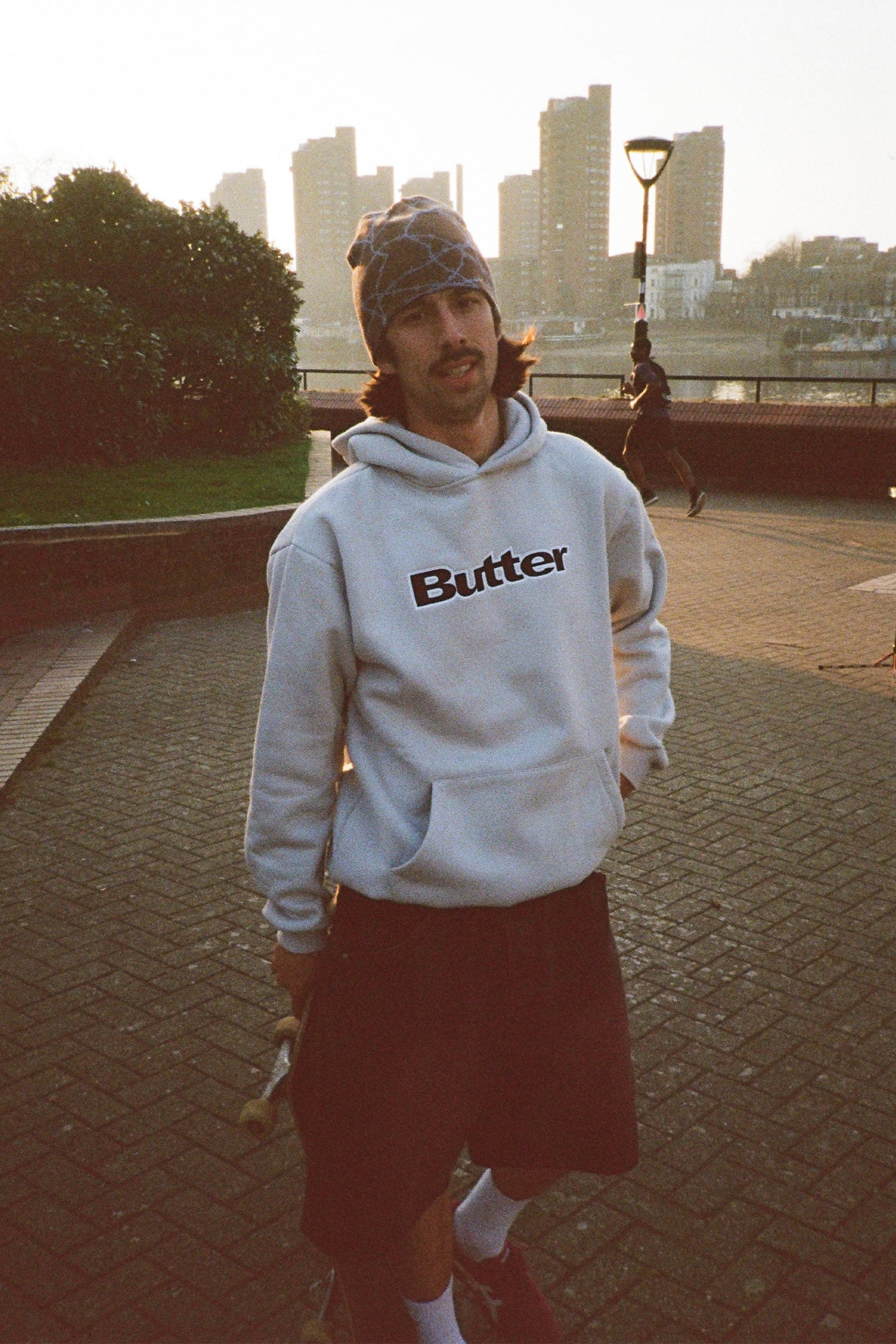 Satin Logo Applique Pullover Hood, Cement
