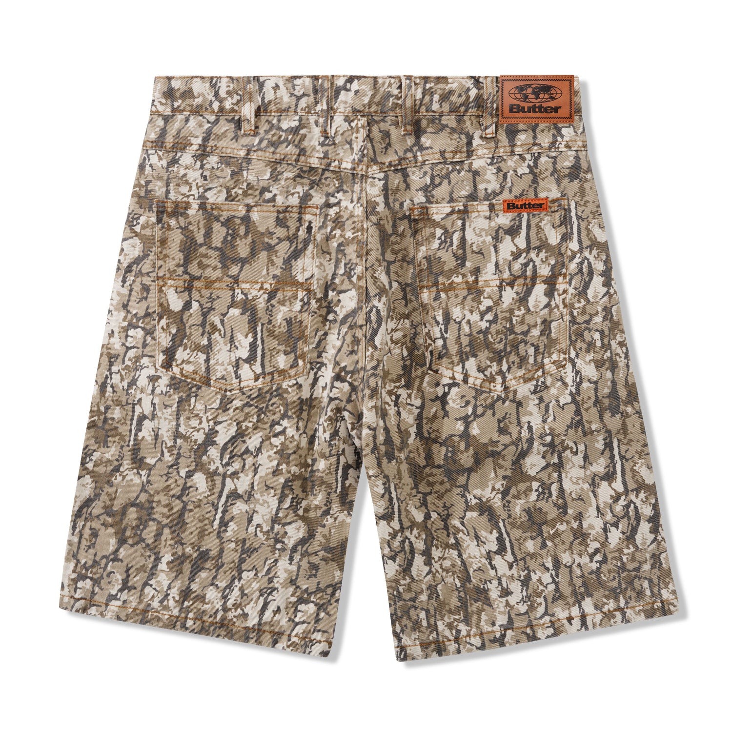 Bark Camo Denim Shorts, Tan