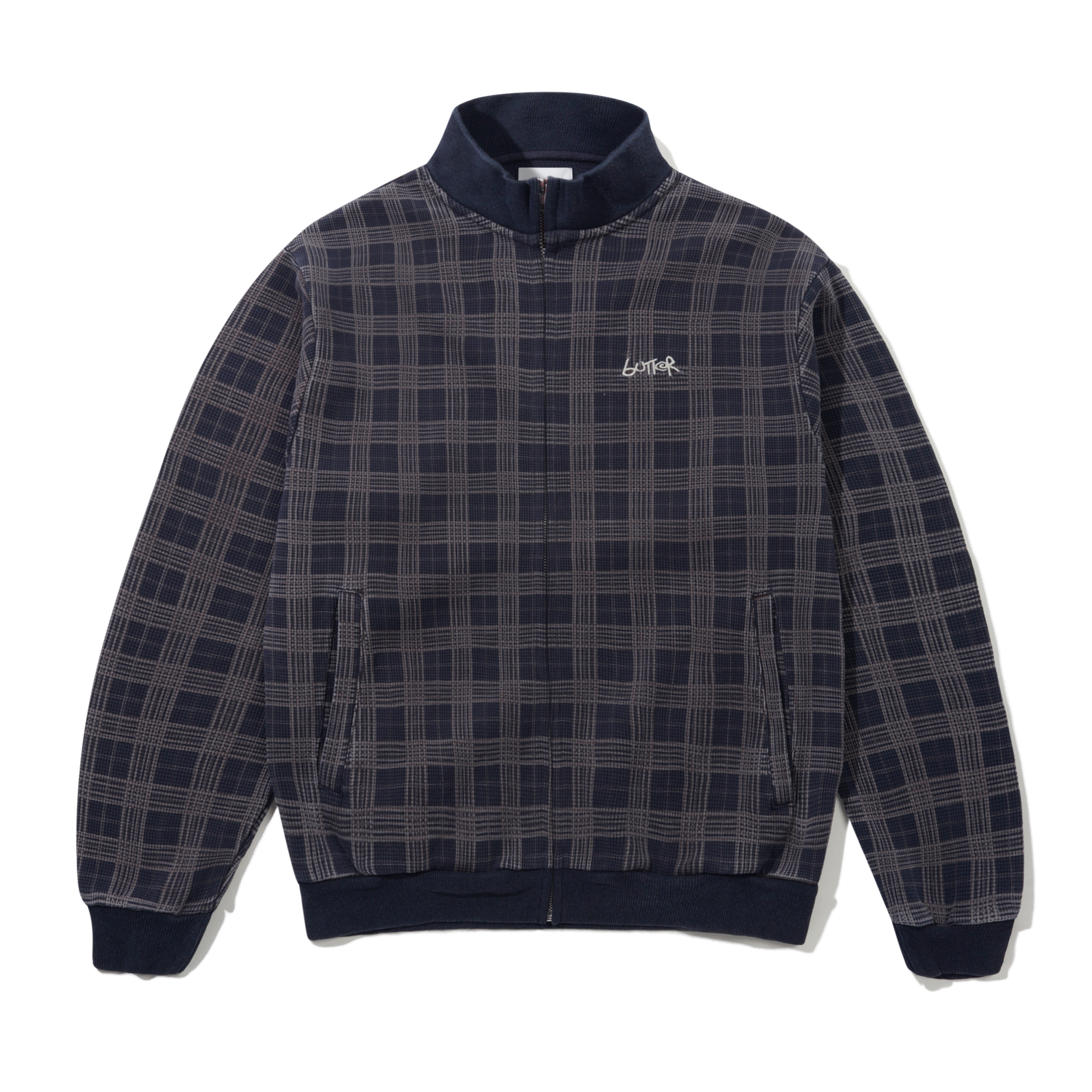 Funnel Neck Waffle Zip-Thru, Navy Plaid