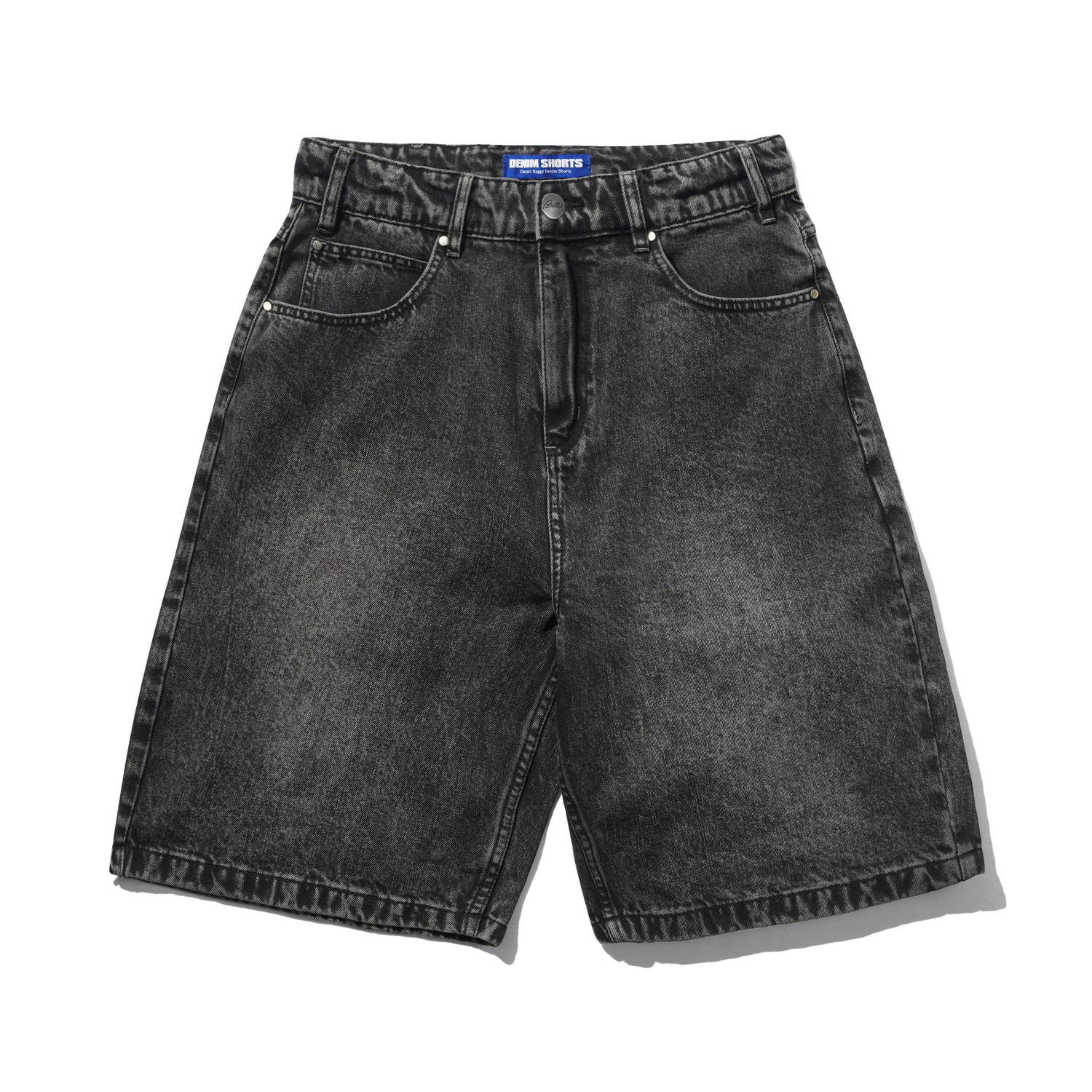 Drummer Baggy Denim Shorts, Streaky Black