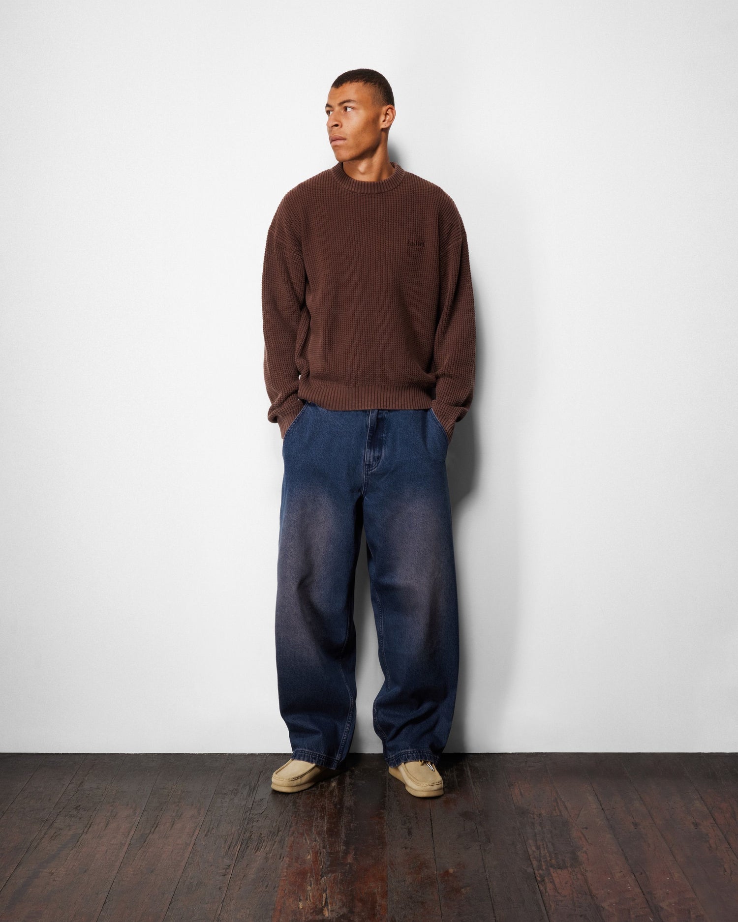 Distressed Waffle Knit Sweater, Washed Bark