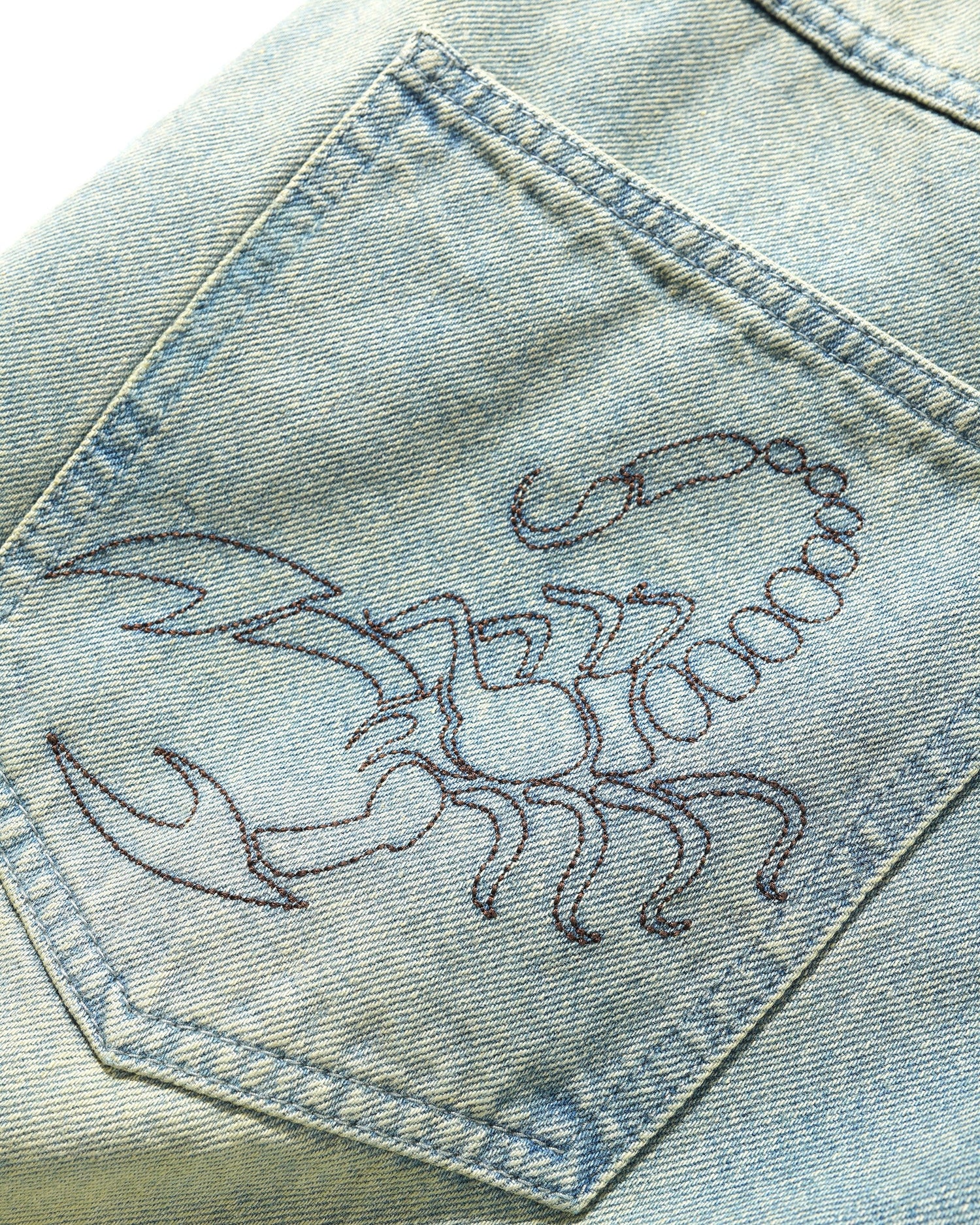 Scorpion Stitch Denim Shorts, Tinted Light Blue